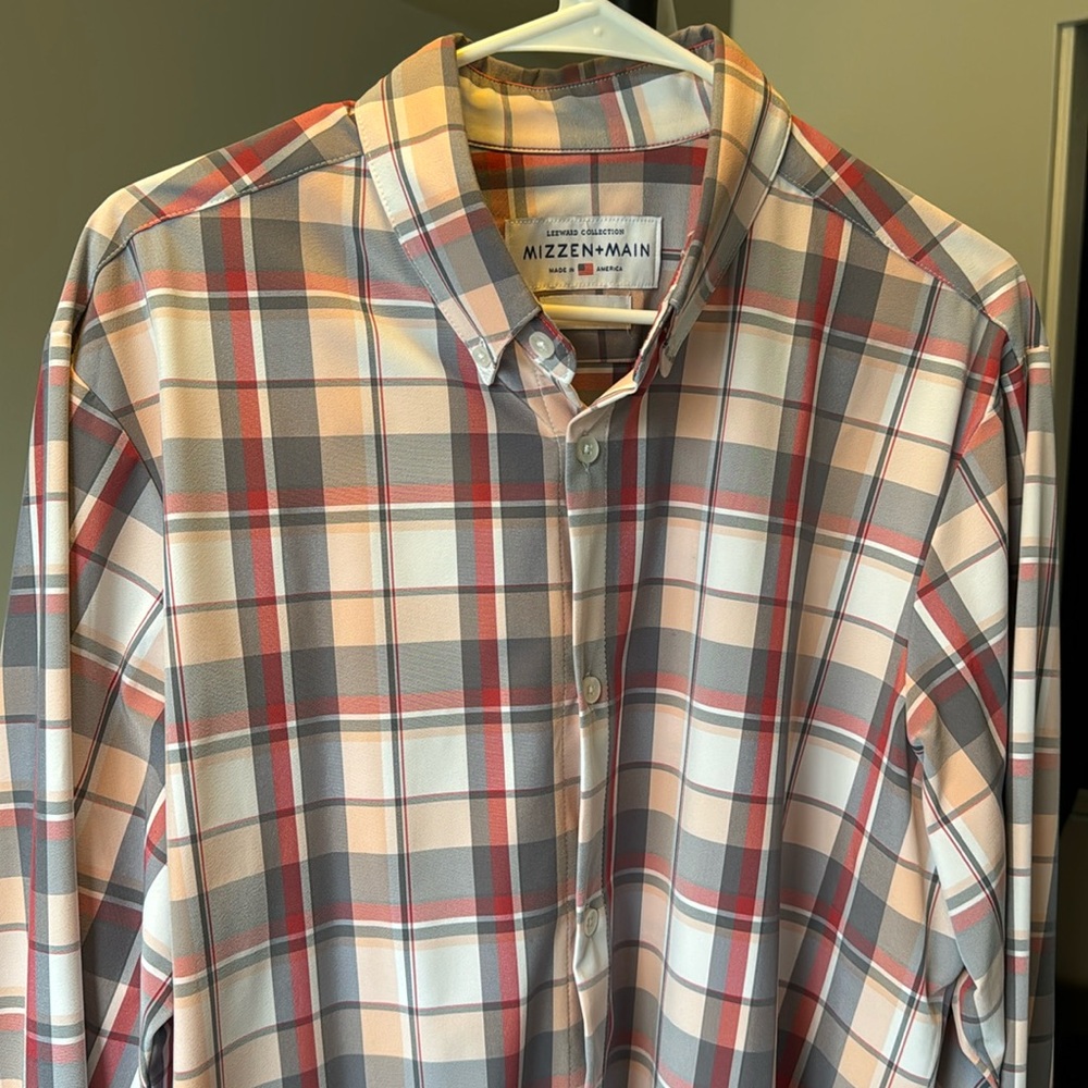 Mizzen+Main Mens XL Trim Leeward Pink Checkered Dress Shirt Long Sleeve